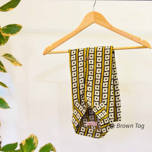 Yellow black square pattern collar top