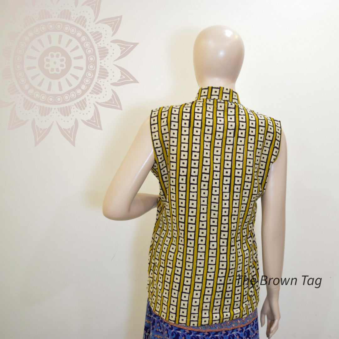 Yellow black square pattern collar top