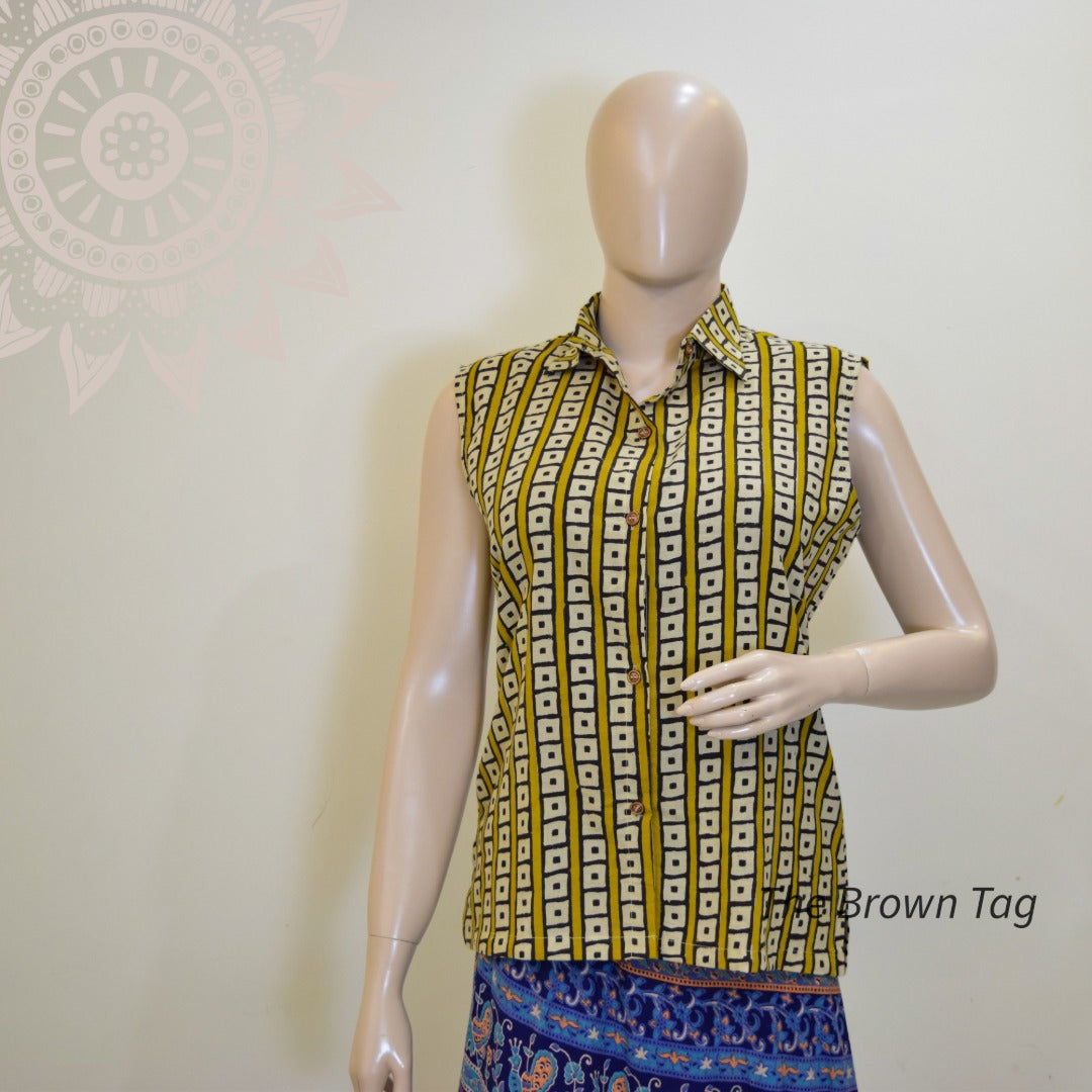 Yellow black square pattern collar top