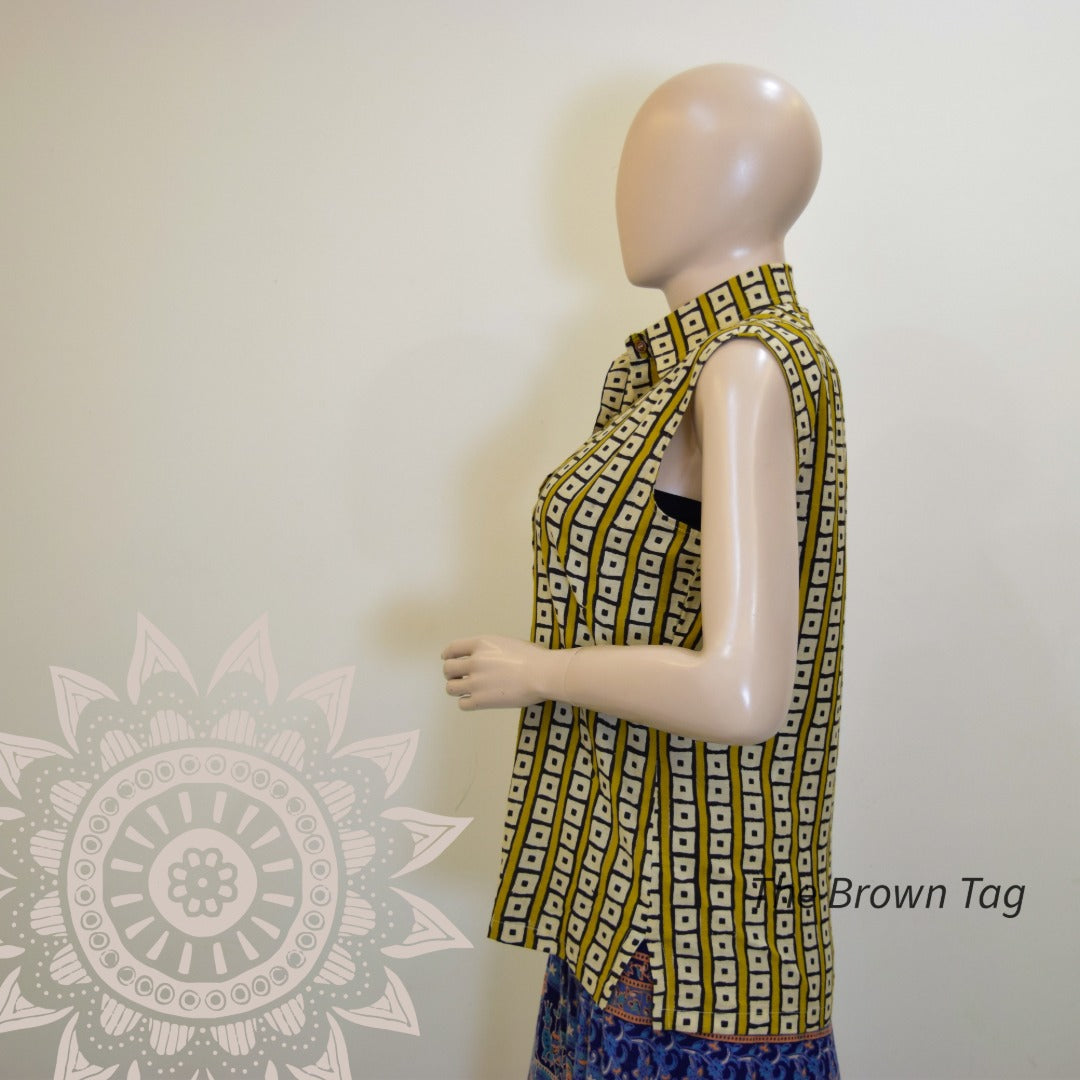 Yellow black square pattern collar top