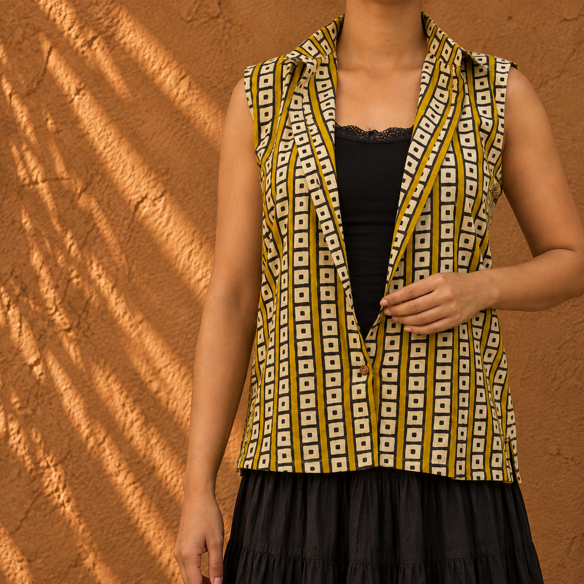 Yellow black square pattern collar top