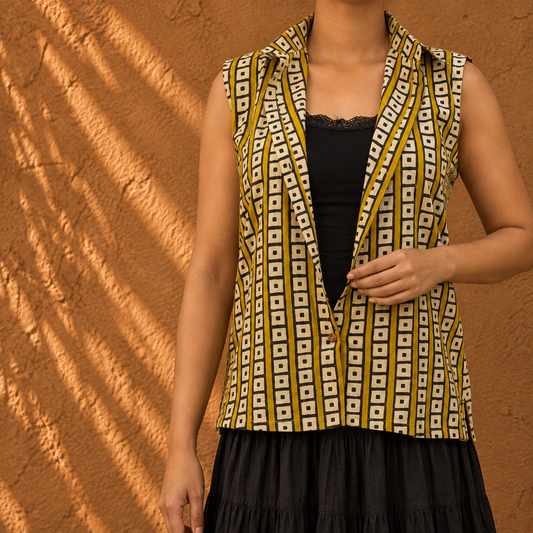 Yellow black square pattern collar top