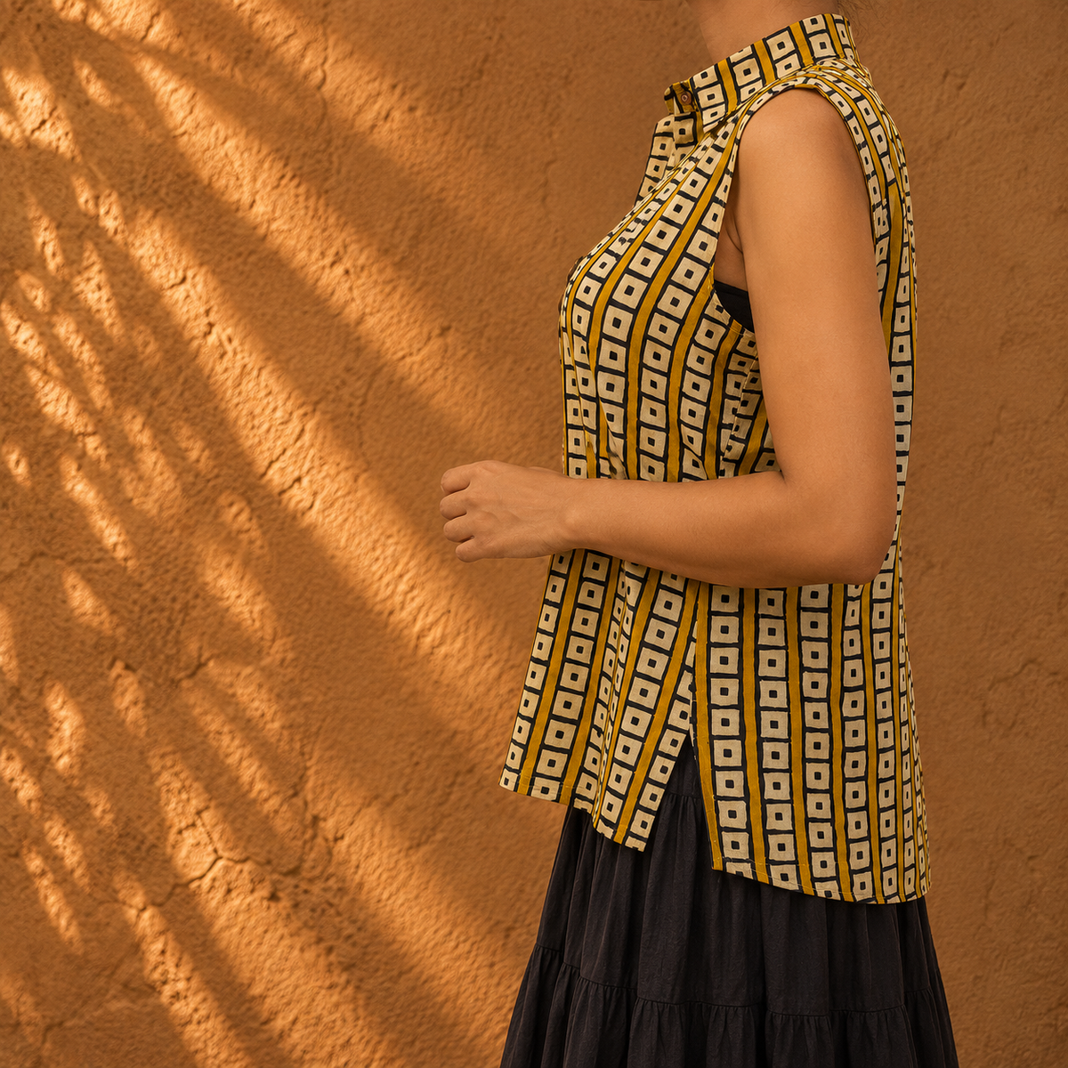 Yellow black square pattern collar top