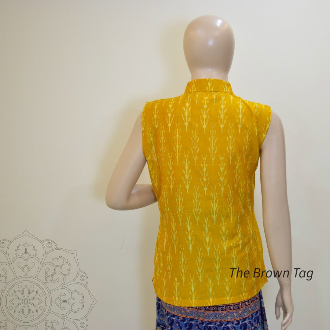 Yellow ikkat collar top