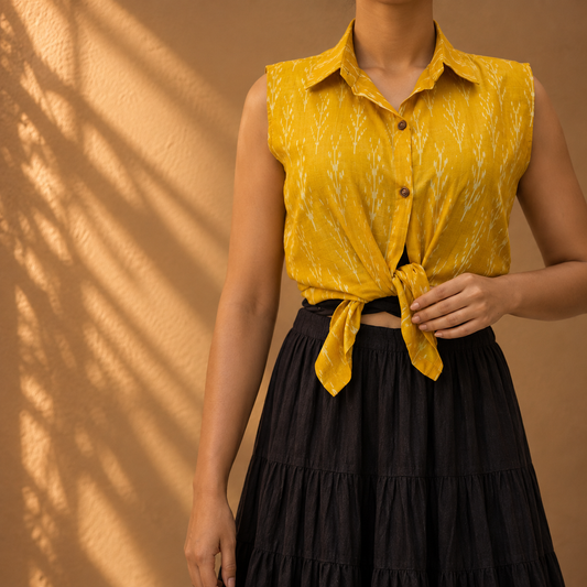 Yellow ikkat collar top