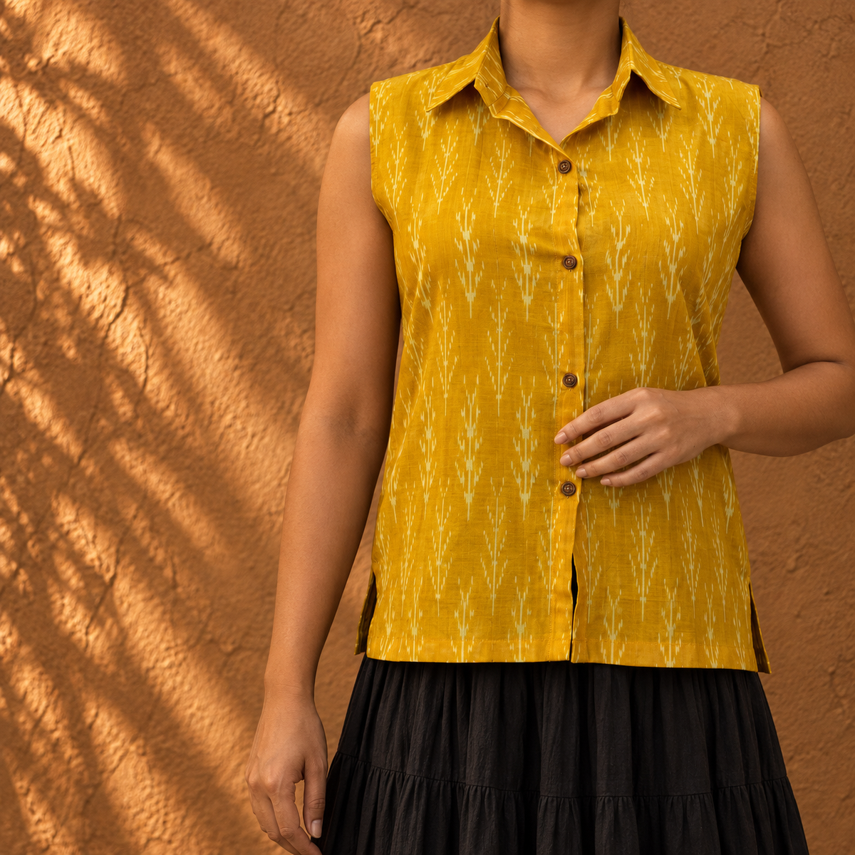 Yellow ikkat collar top