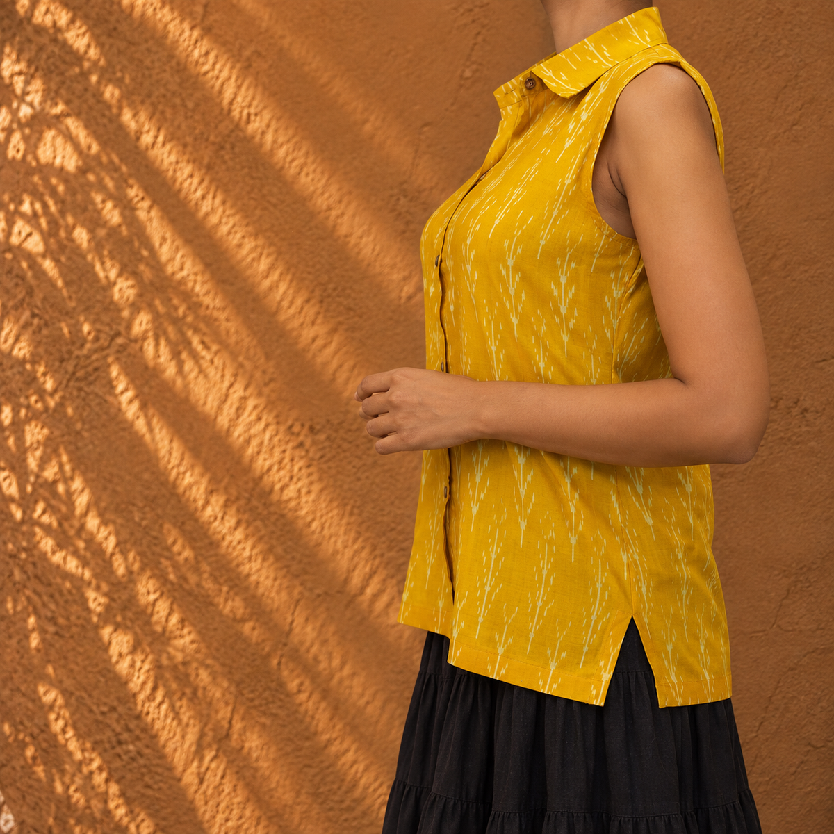 Yellow ikkat collar top